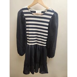 la february black white stripe puff sleeve‎ babydoll dress women's size small